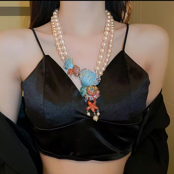 Ariel - Crystal Pearl Double-layer Necklace&Earrings Retro Design. High Quality - Picture 5 of 9